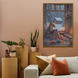 Cozy Winter Fox Jigsaw Puzzle Cabin Scene with Fireplace