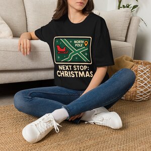 10205289344800902155_2048.jpeg Christmas Map T‑Shirt — 'Next Stop: Christmas' North Pole Sleigh Design