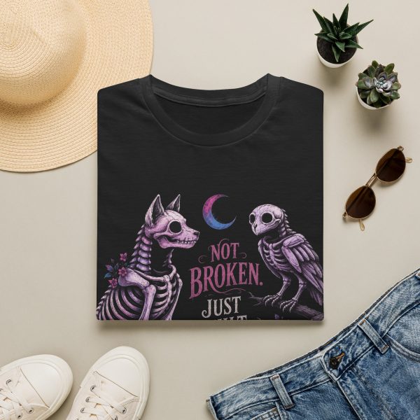 10436199748244356413_2048.jpeg T‑Shirt — “Not Broken Just Built Different” Gothic Skeleton Cat & Owl