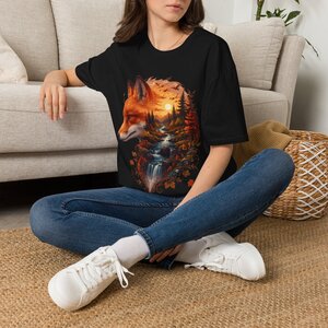 11206188691717065903_2048.jpeg Fox Sunset Scenic T-Shirt — Forest, Waterfall & Moon Nature