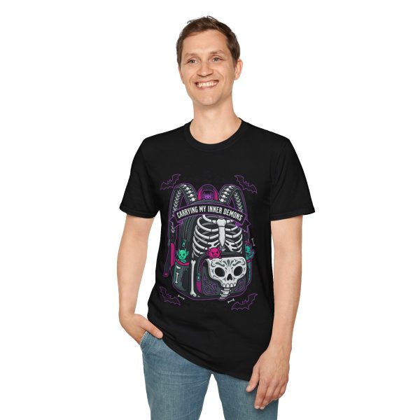Carrying My Inner Demons T-Shirt — Gothic Skeleton Backpack Graphic Tee