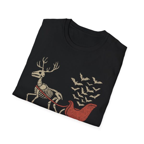 Skeleton Reindeer Sleigh T‑Shirt — Spooky Halloween Bat Flight Design