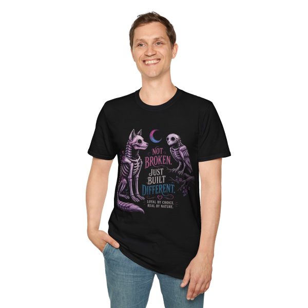 13250487596009598809_2048.jpeg T‑Shirt — “Not Broken Just Built Different” Gothic Skeleton Cat & Owl