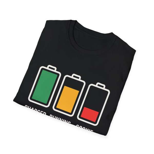Battery Levels T-Shirt — "Charged with Cheer, Running on Cocoa, Cookie Power Low"