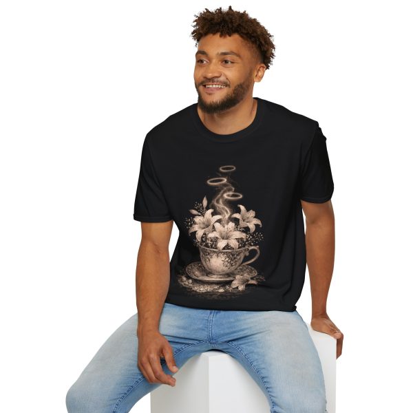 14953659432752163417_2048.jpeg Floral Coffee Tee — Vintage Steaming Cup with Lilies Graphic T-Shirt