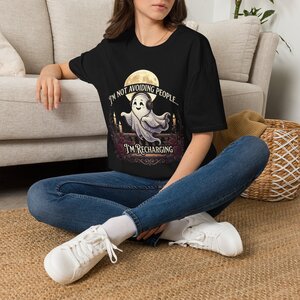 Ghost T-Shirt — “I’m Not Avoiding People… I’m Recharging” Cute Halloween