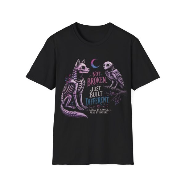 17289153989994281052_2048.jpeg T‑Shirt — “Not Broken Just Built Different” Gothic Skeleton Cat & Owl