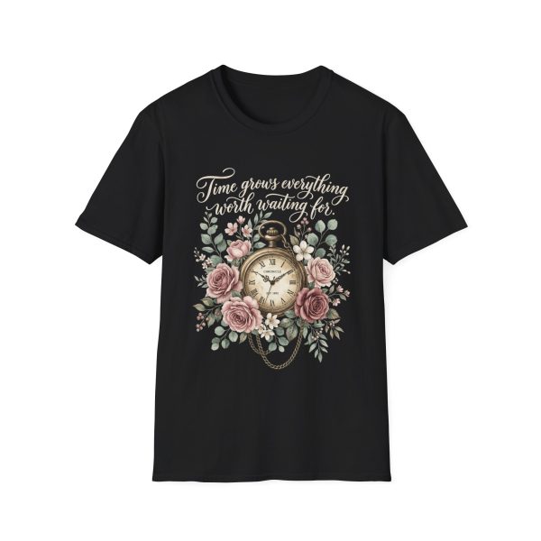 1827903664666049912_2048.jpeg Floral Clock T-Shirt — "Time Grows Everything Worth Waiting For"