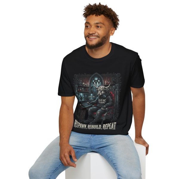 Bull Knight Gaming T-Shirt — 'Respawn, Rebuild, Repeat' Dark Fantasy Tee