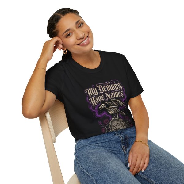 2008585031889424901_2048.jpeg My Demons Have Names T‑Shirt — Gothic Raven & Purple Smoke