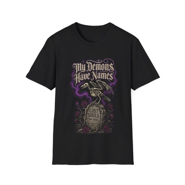 204453651628426299_2048.jpeg My Demons Have Names T‑Shirt — Gothic Raven & Purple Smoke