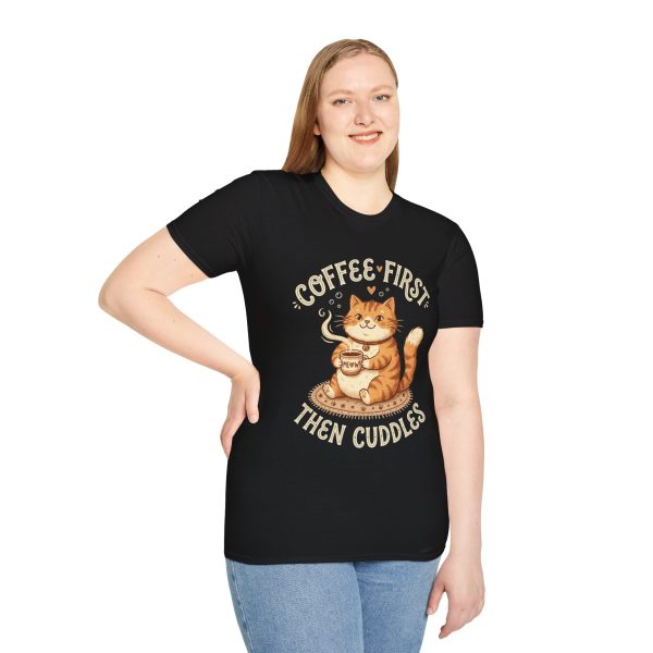 Coffee-First Cat T-Shirt — "Coffee First, Then Cuddles" Cute Cat Graphic Tee