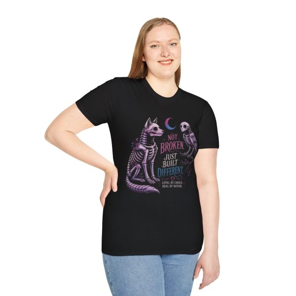 308277366163550728_2048.jpeg T‑Shirt — “Not Broken Just Built Different” Gothic Skeleton Cat & Owl