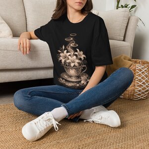 Floral Coffee Tee — Vintage Steaming Cup with Lilies Graphic T-Shirt