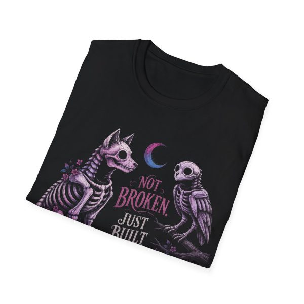 5514455586017861094_2048.jpeg T‑Shirt — “Not Broken Just Built Different” Gothic Skeleton Cat & Owl