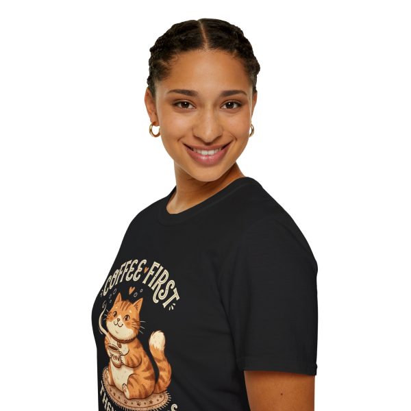 Coffee-First Cat T-Shirt — "Coffee First, Then Cuddles" Cute Cat Graphic Tee