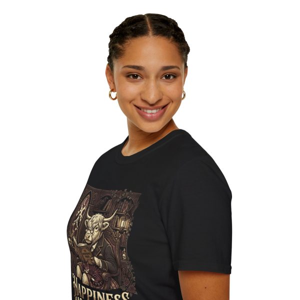 6731592187076801763_2048.jpeg Happiness Has Whiskers Cow Reading T-Shirt — Cozy Bookish Animal