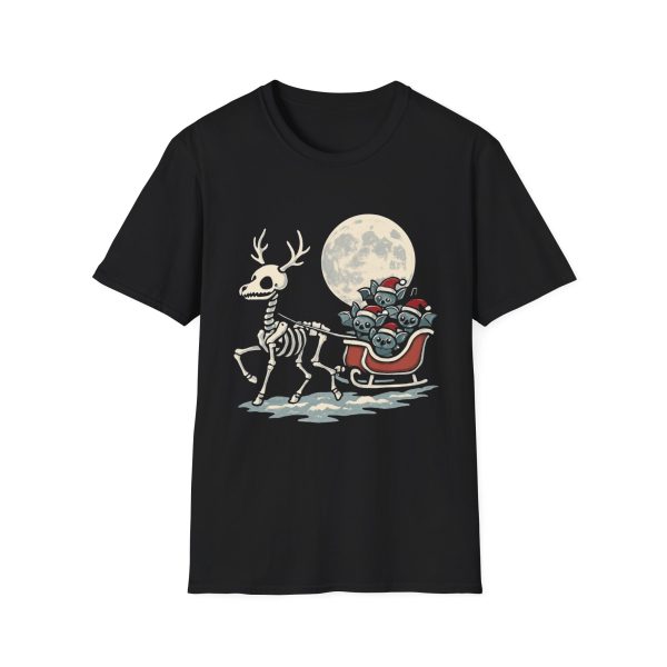 Skeleton Reindeer & Kittens Santa Sleigh T-Shirt — Cute Spooky Christmas Tee