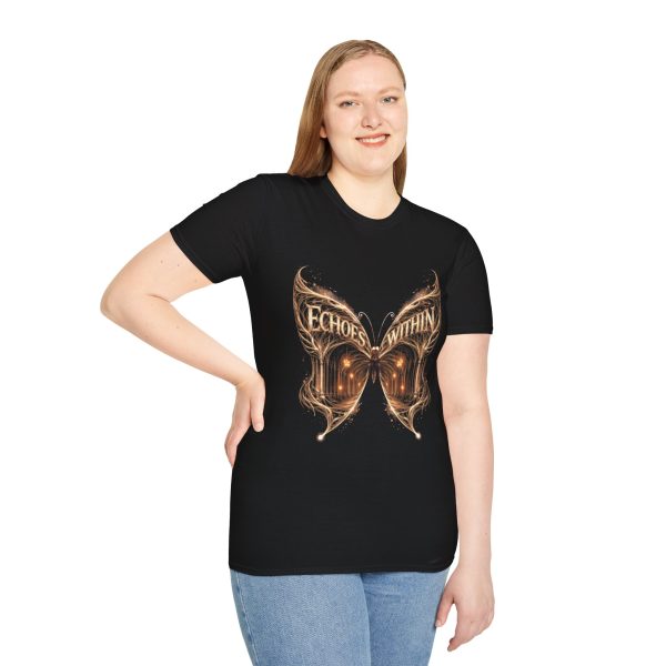 7076274617756982944_2048.jpeg Echoes Within Butterfly T-Shirt — Mystical Golden Wing Graphic Tee