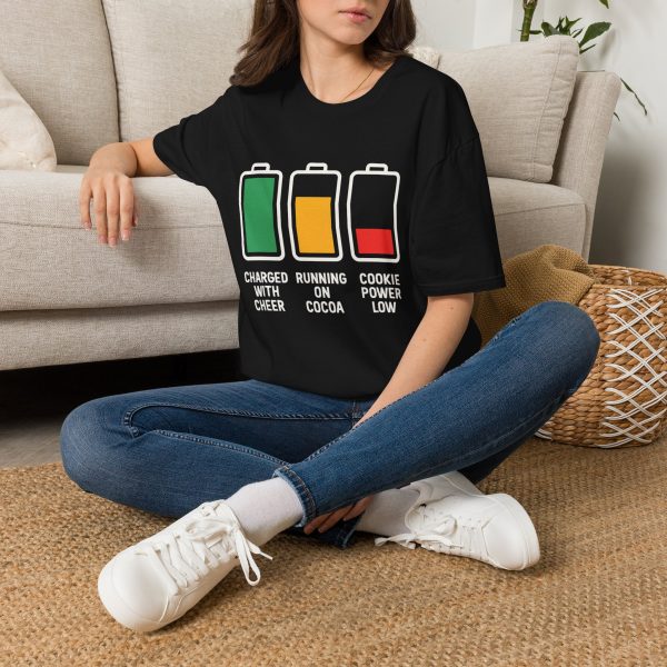 Battery Levels T-Shirt — "Charged with Cheer, Running on Cocoa, Cookie Power Low"