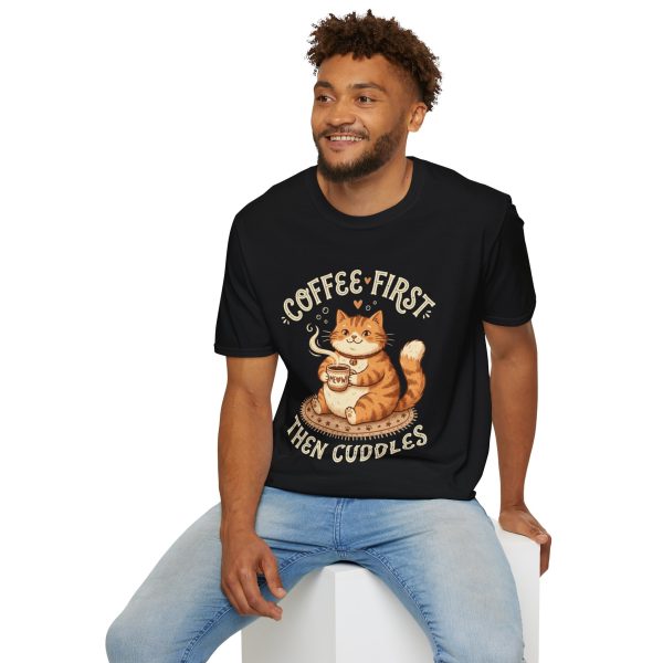 Coffee-First Cat T-Shirt — "Coffee First, Then Cuddles" Cute Cat Graphic Tee