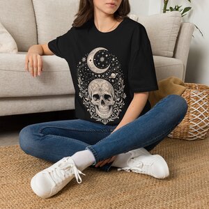 7964473214450859447_2048.jpeg Celestial Skull Moon T-Shirt — Mystical Night Sky Graphic Tee