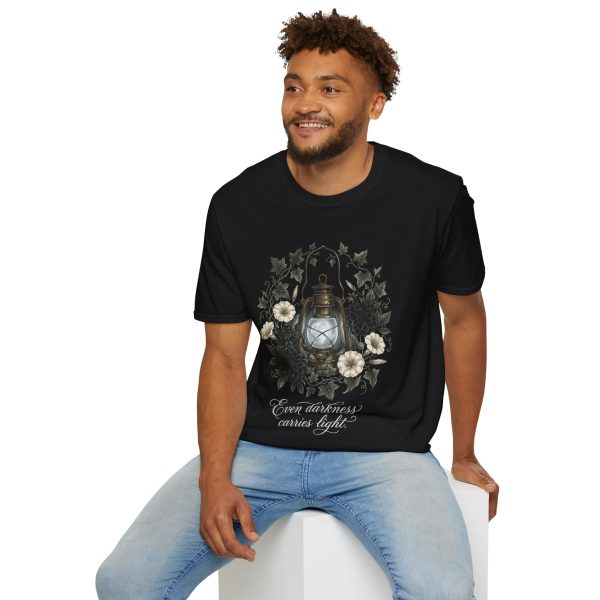 Lantern & Floral Tee — “Even Darkness Carries Light” Inspirational T-Shirt