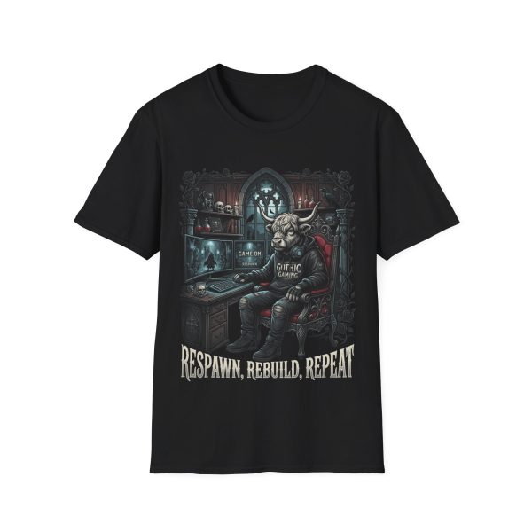 Bull Knight Gaming T-Shirt — 'Respawn, Rebuild, Repeat' Dark Fantasy Tee