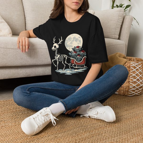 Skeleton Reindeer & Kittens Santa Sleigh T-Shirt — Cute Spooky Christmas Tee