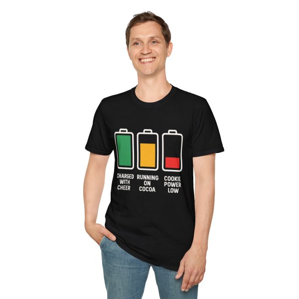 Battery Levels T-Shirt — "Charged with Cheer, Running on Cocoa, Cookie Power Low"