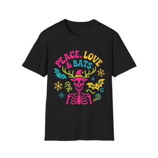 Peace, Love & Bats T-Shirt — Colorful Neon Skull & Antler Xmas Tee