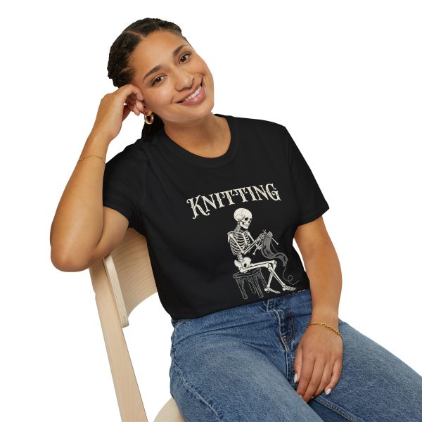 Knitting Skeleton T-Shirt — "Knitting Because Murder Is Wrong"