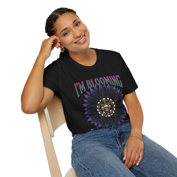 I’m Blooming T‑Shirt — Gothic Floral Skull Sunflower Graphic Tee