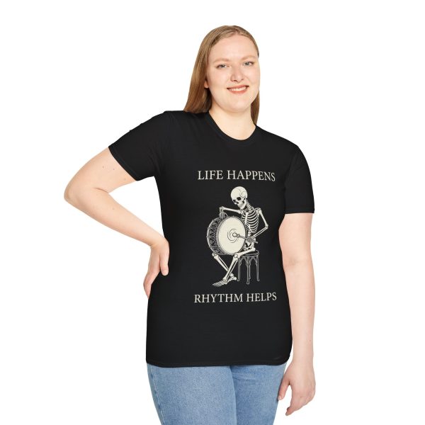 Life Happens Skeleton Drum T-Shirt — 'Life Happens, Rhythm Helps'