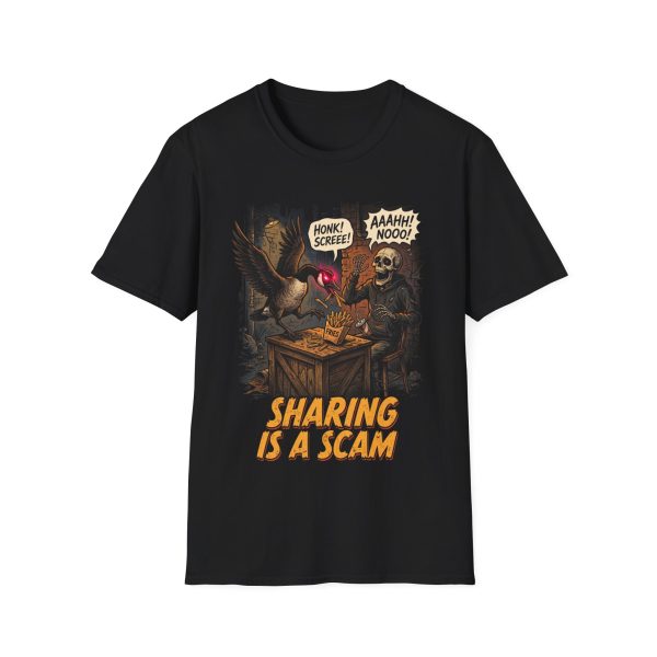 Sharing Is A Scam T-Shirt — Funny Skeletal Gamer Comic Tee
