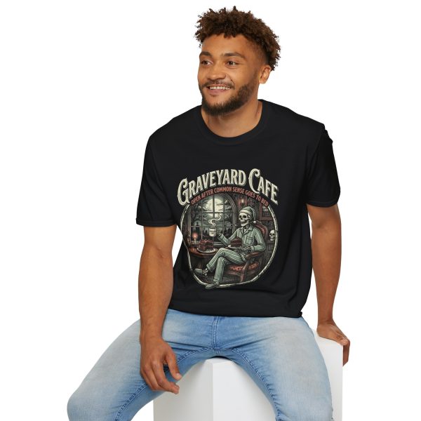 14076380577174830318_2048.jpeg Graveyard Cafe T-Shirt — Vintage Skeleton Coffee Shop Tee