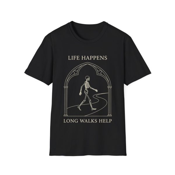 T-Shirt — "Life Happens" Skeleton Walking Graphic Tee