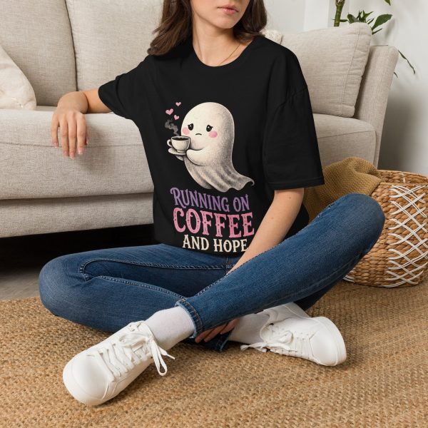 Coffee Ghost T-Shirt — "Running on Coffee and Hope" Cute Ghost Tee