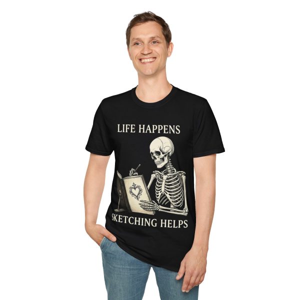 Skeleton "Life Happens, Sketching Helps" T‑Shirt