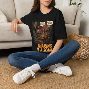 Sharing Is A Scam T-Shirt — Funny Skeletal Gamer Comic Tee