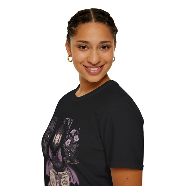 Gothic Bat Reading T-Shirt — Lantern, Books & Moonlight Spellbook