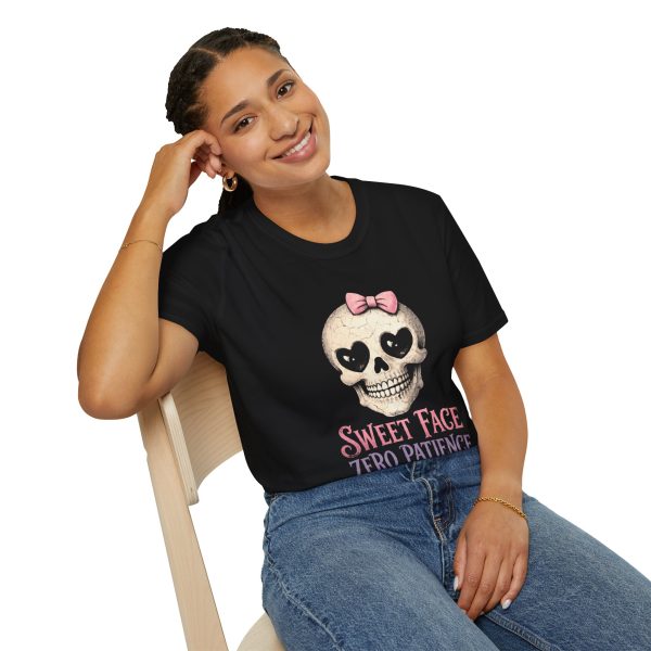 Skull With Bow T-Shirt — "Sweet Face, Zero Patience" Graphic Tee