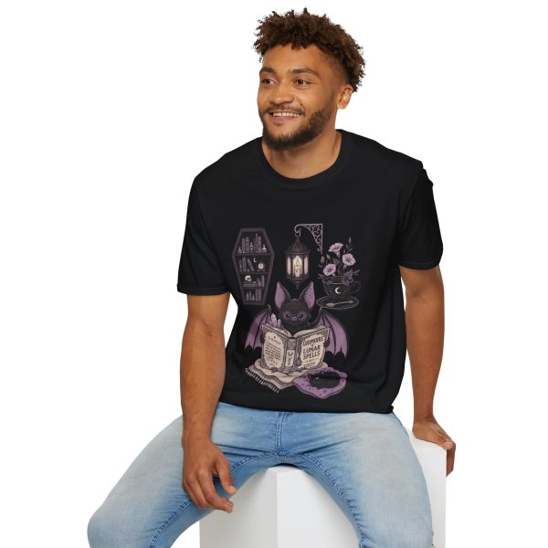 Gothic Bat Reading T-Shirt — Lantern, Books & Moonlight Spellbook