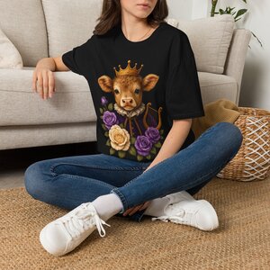 Royal Calf Tee — Cute Crowned Cow Graphic T-Shirt with Floral Accents