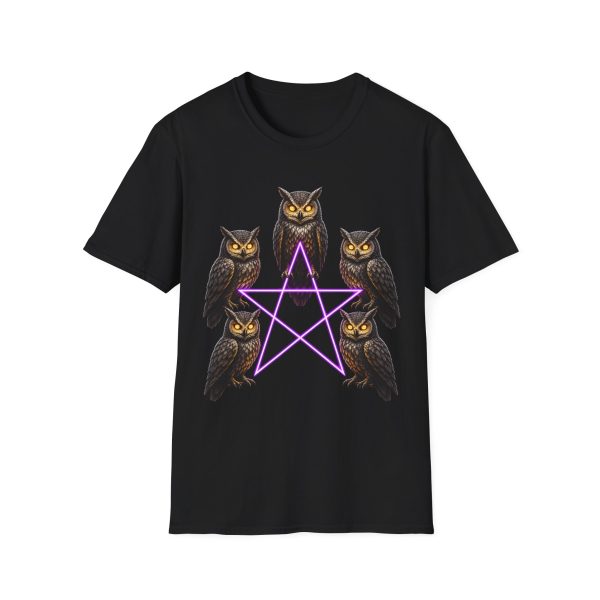 11236674750624985862_2048.jpeg Owl Pentagram T-Shirt — Neon Witchy Owl Graphic Tee