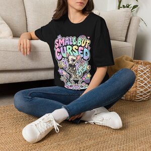 13471725792182462839_2048.jpeg Small But Cursed Skeleton T-Shirt — Cute Pastel Goth Graphic Tee