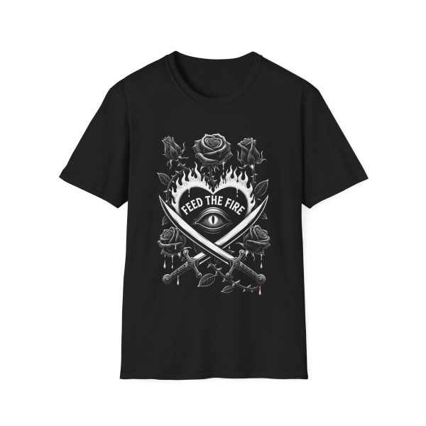 Feed the Fire Graphic T-Shirt — Gothic Rose & Flaming Eye Design