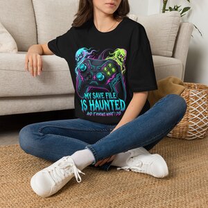 16992471446006457850_2048.jpeg Haunted Save File Gamer T-Shirt — “My Save File Is Haunted” Neon Controller Tee