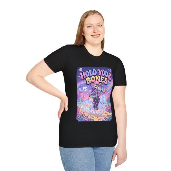 1902389115024315137_2048.jpeg Hold Your Bones T-Shirt — Colorful Skeleton Cowboy Graphic Tee