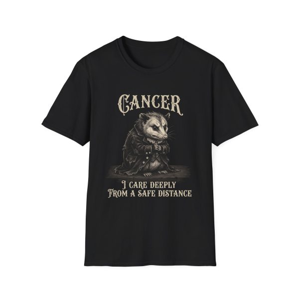 Cancer Zodiac T‑Shirt — Vintage Opossum Design, “I Care Deeply From A Safe Distance”